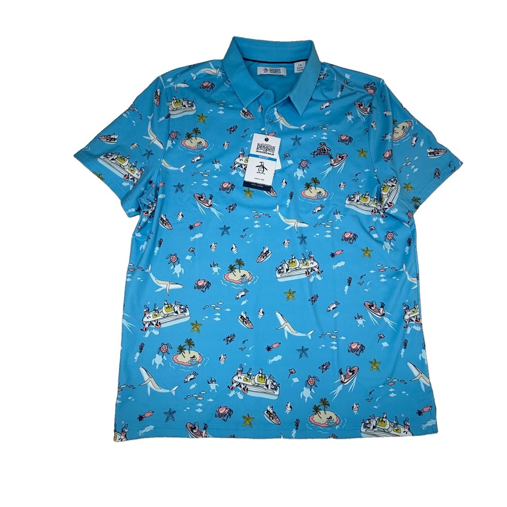 NWT Original Penguin Mens Golf Polo Shirt Large Blue Grotto Pete N' the Boat $90